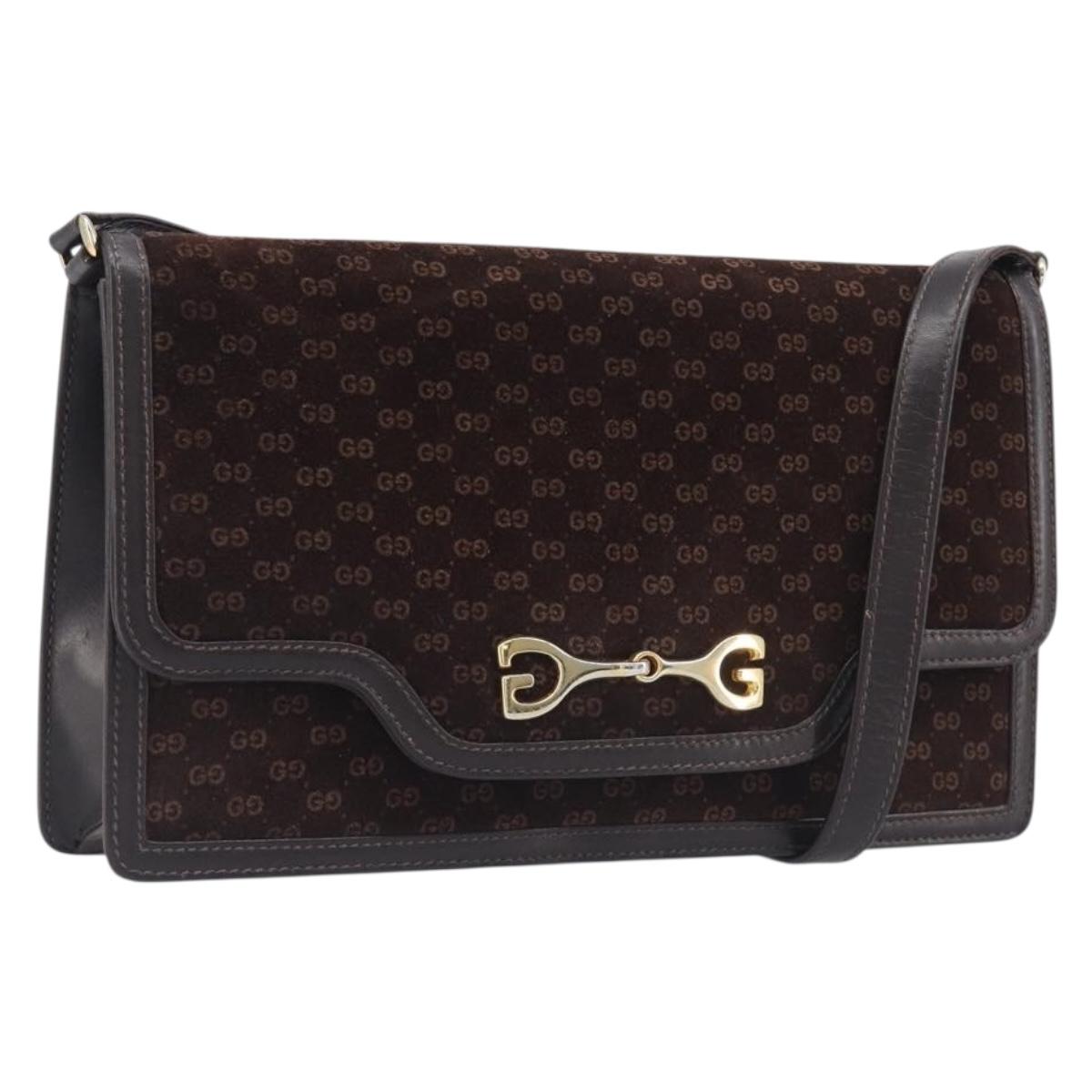 GUCCI Horsebit Micro GG Canvas Shoulder Bag Suede Dark Brown Gold Auth ep16330A