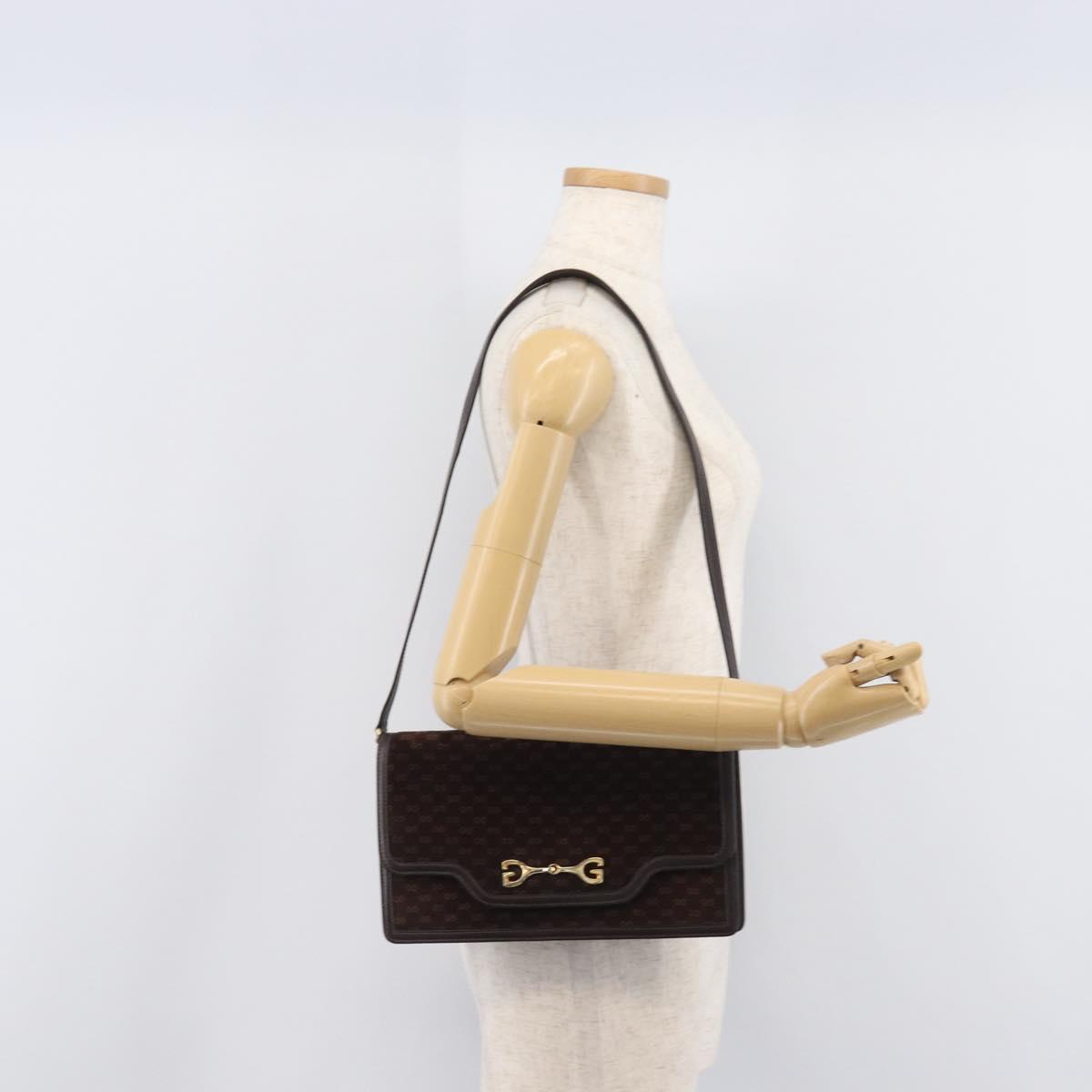 GUCCI Horsebit Micro GG Canvas Shoulder Bag Suede Dark Brown Gold Auth ep16330A