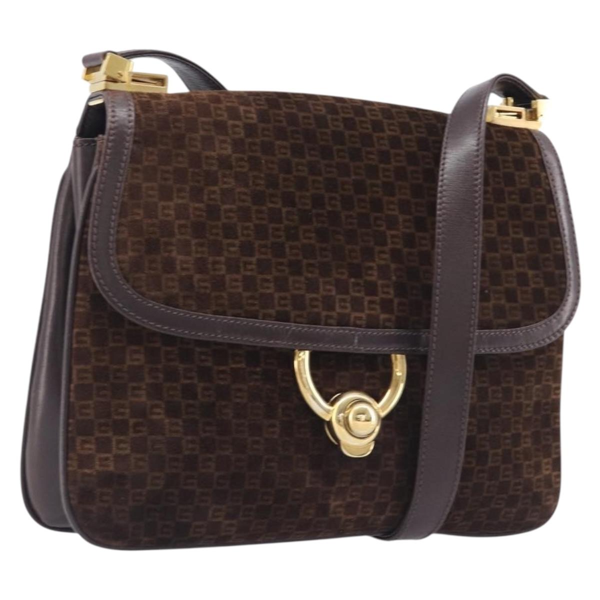 GUCCI Shoulder Bag Suede Dark Brown Gold Auth ep16331