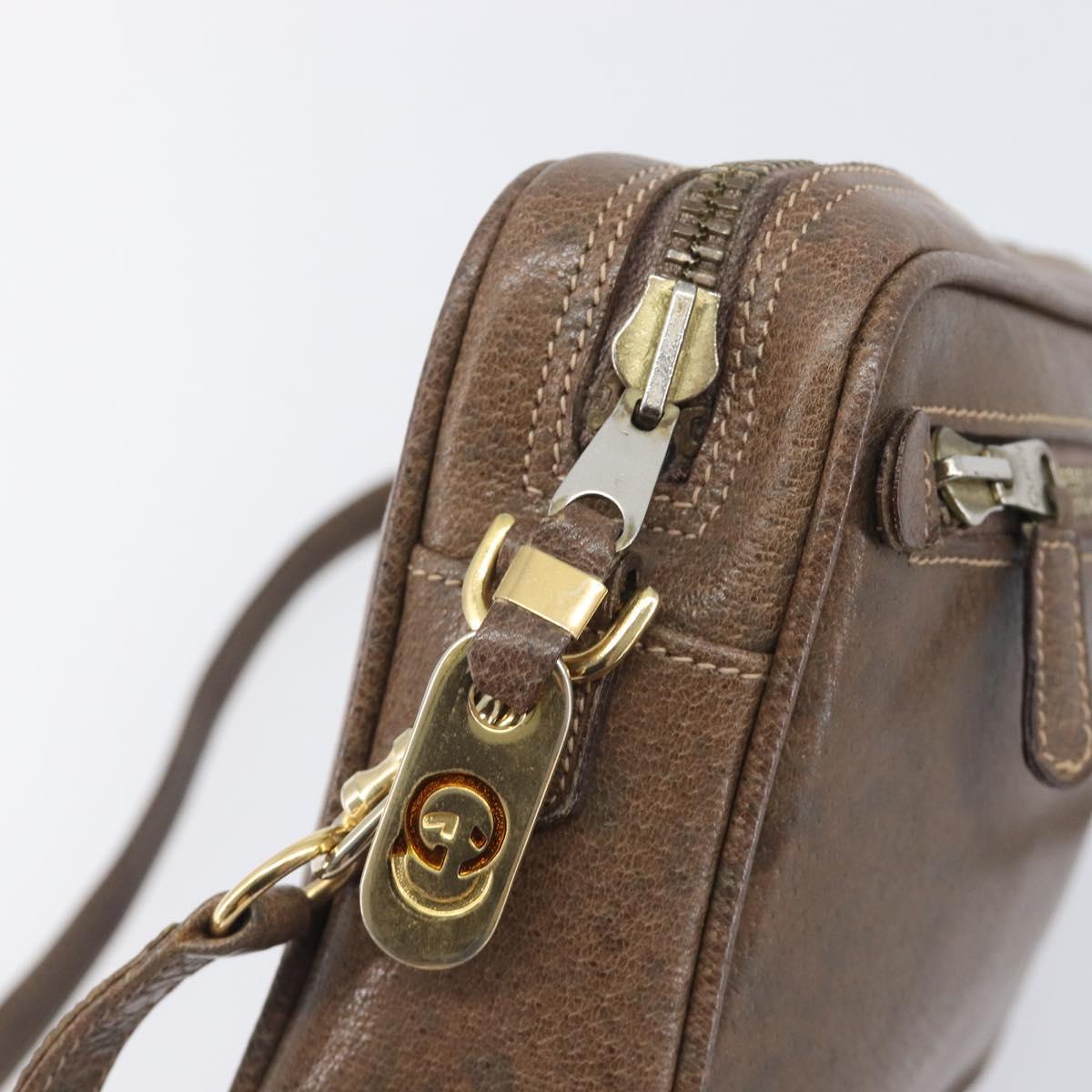 GUCCI Shoulder Bag Leather Brown Gold Auth ep16333
