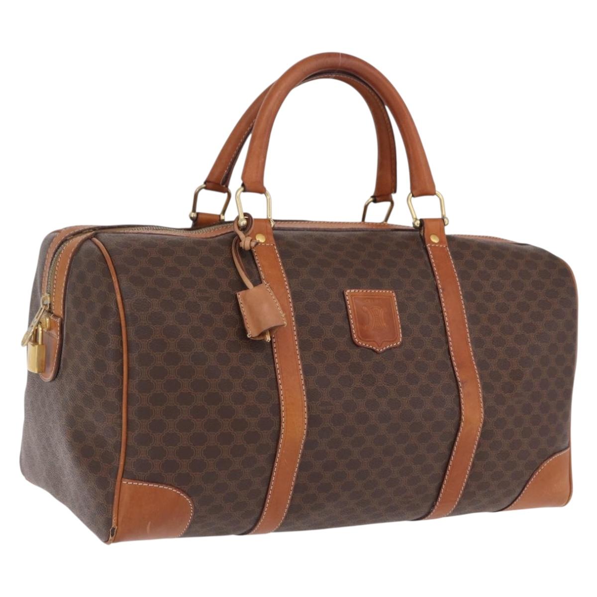 CELINE Macadam Canvas Boston Bag PVC Leather Brown Gold Auth ep16336