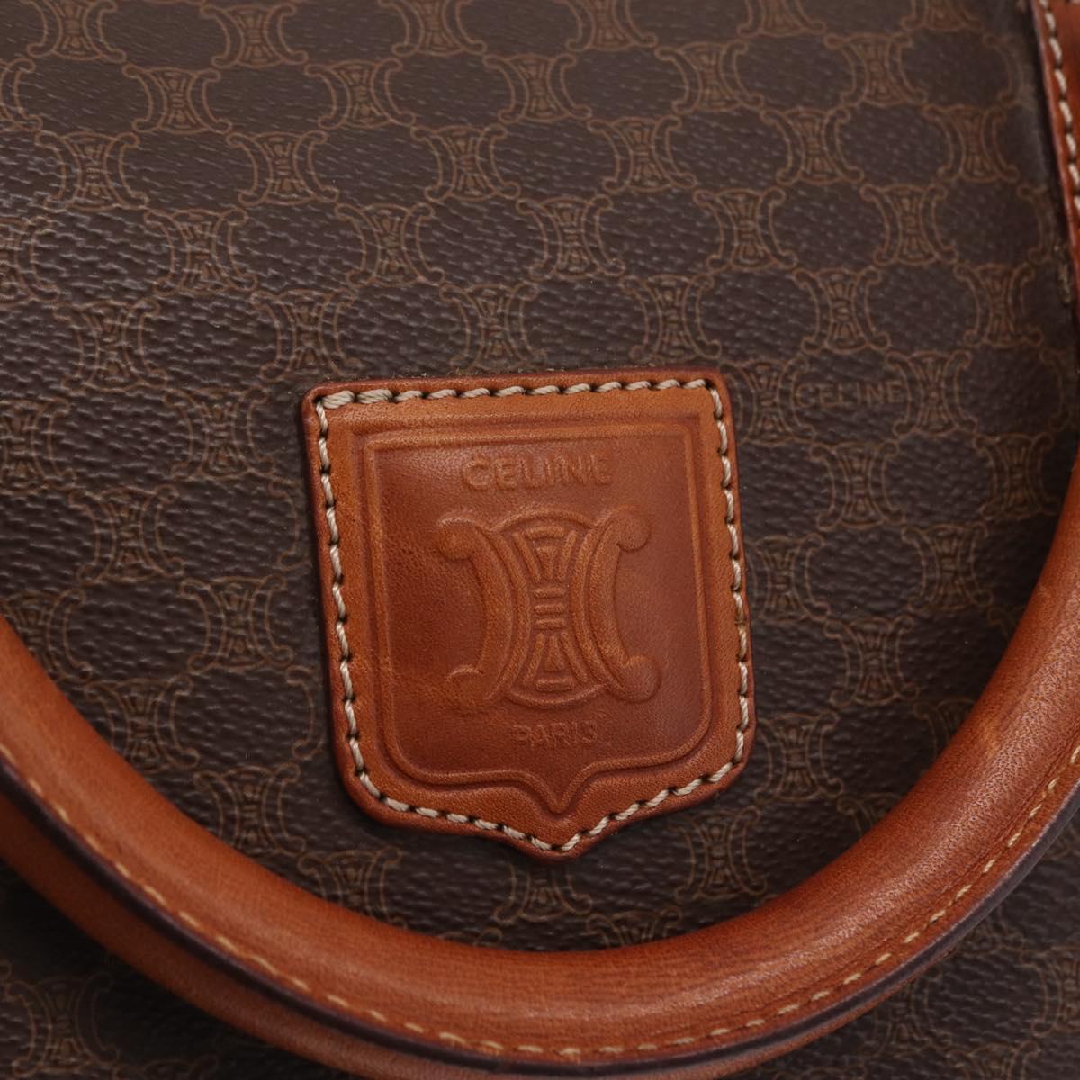 CELINE Macadam Canvas Boston Bag PVC Leather Brown Gold Auth ep16336