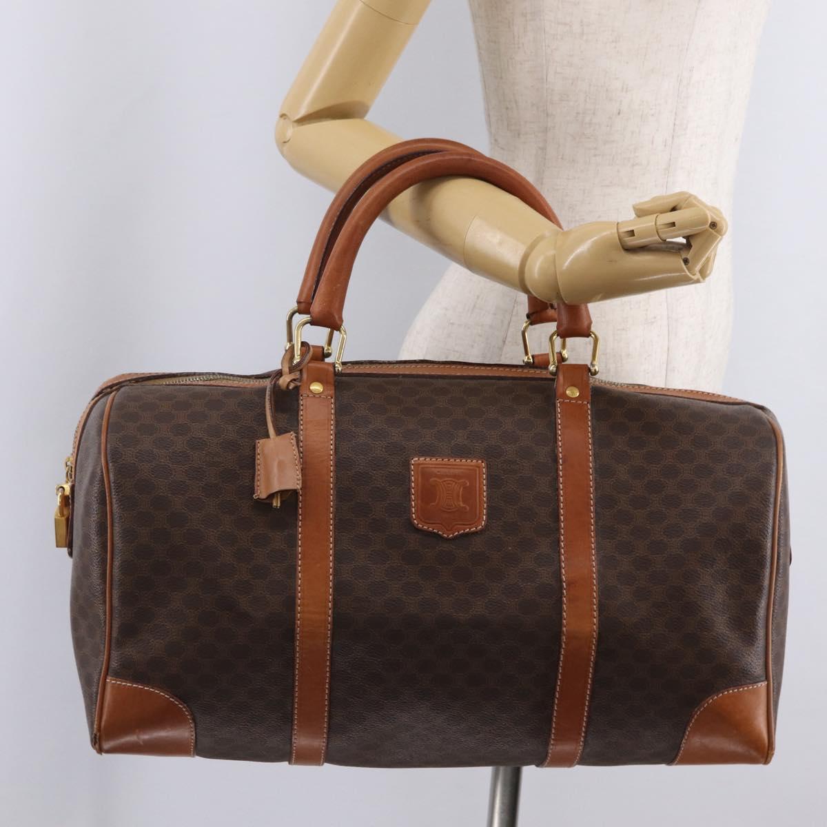 CELINE Macadam Canvas Boston Bag PVC Leather Brown Gold Auth ep16336