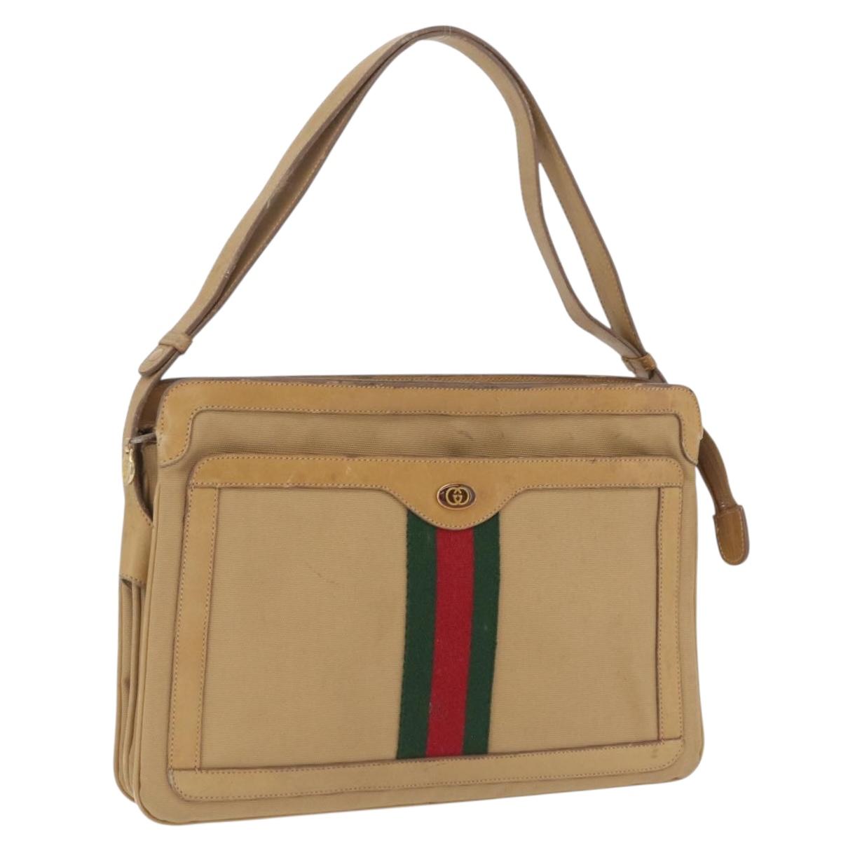 GUCCI Web Sherry Line Shoulder Bag Canvas Beige Gold Auth ep16340