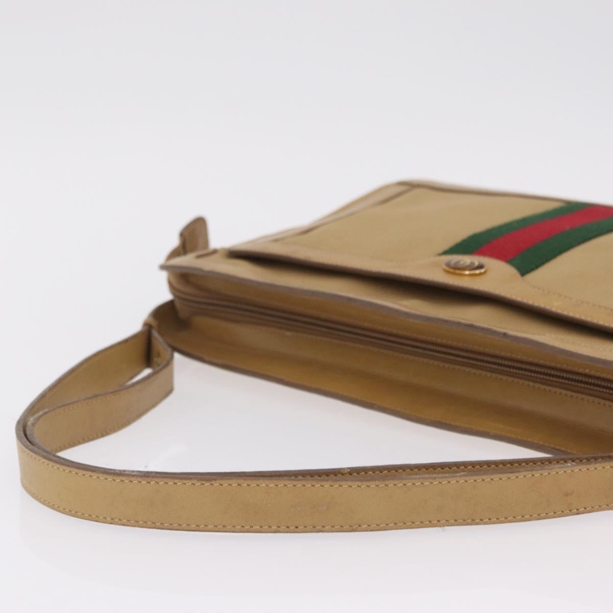 GUCCI Web Sherry Line Shoulder Bag Canvas Beige Gold Auth ep16340