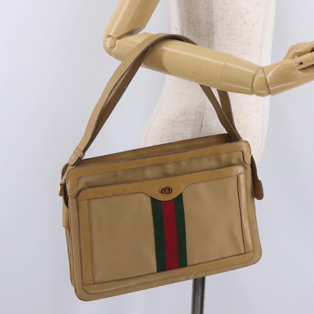 GUCCI Web Sherry Line Shoulder Bag Canvas Beige Gold Auth ep16340