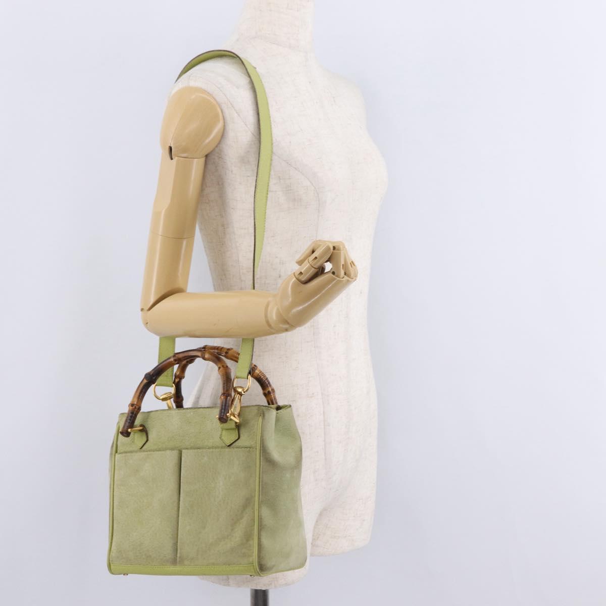 GUCCI Bamboo Hand Bag Suede 2way Green Gold 000 122 0316 Auth ep16342