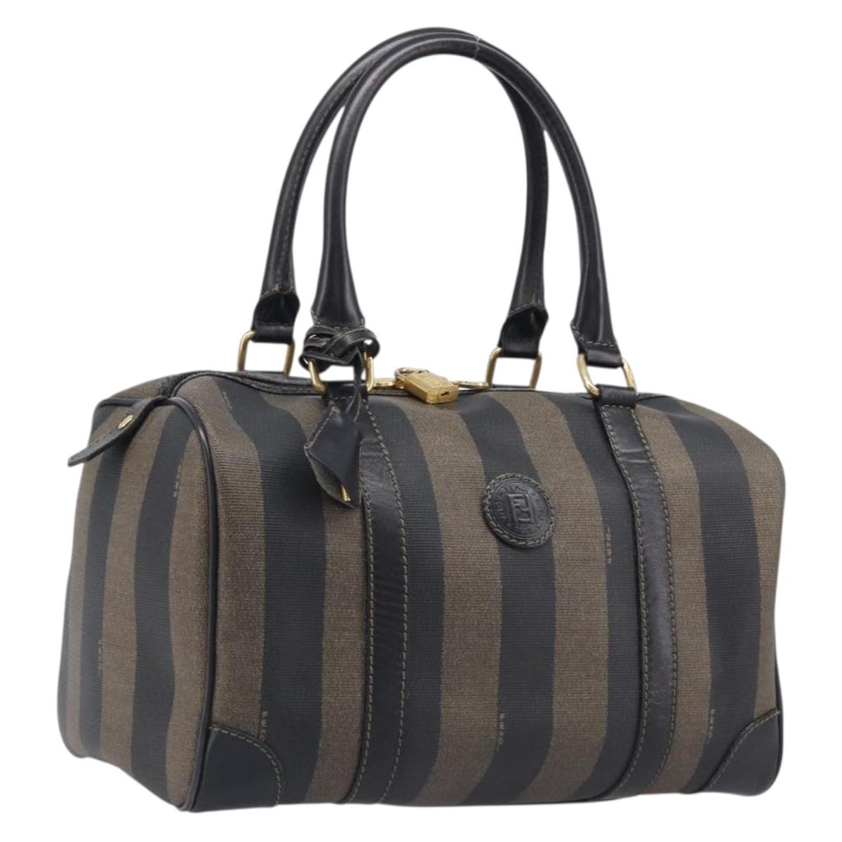 FENDI Pecan Canvas Hand Bag PVC Black Brown Auth ep16390
