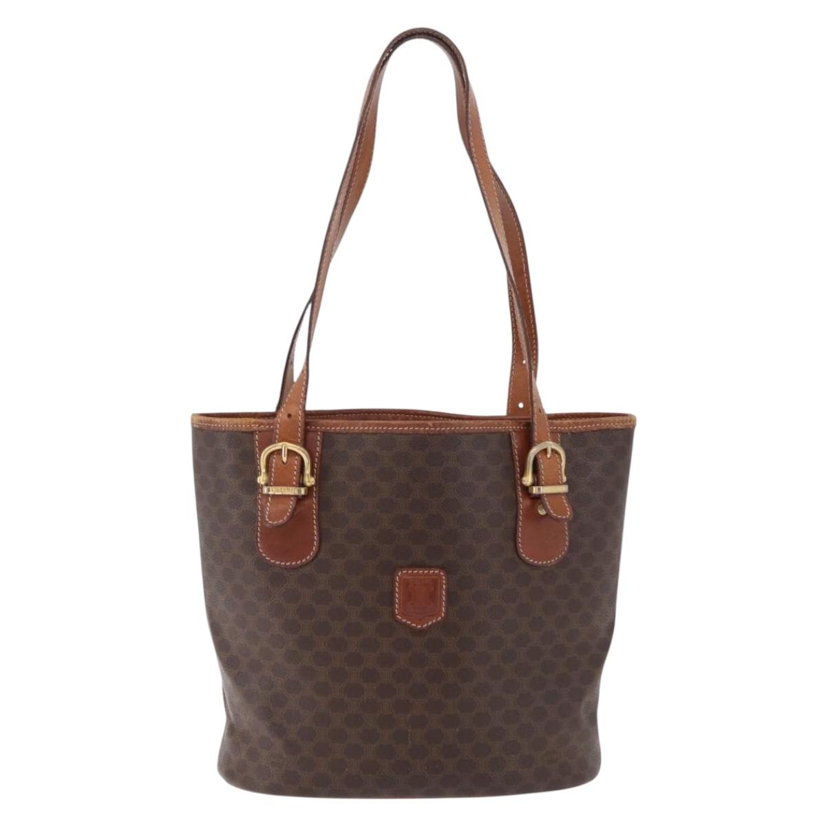 CELINE Macadam Canvas Tote Bag PVC Leather Brown Gold Auth ep16417