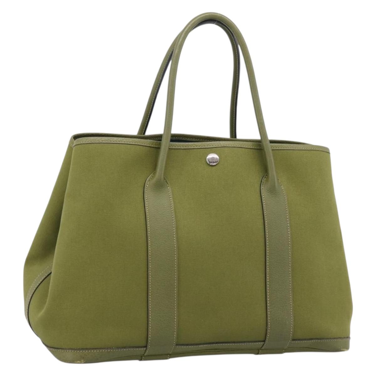 HERMES Garden Party PM Hand Bag Canvas Green Silver Auth ep16460A