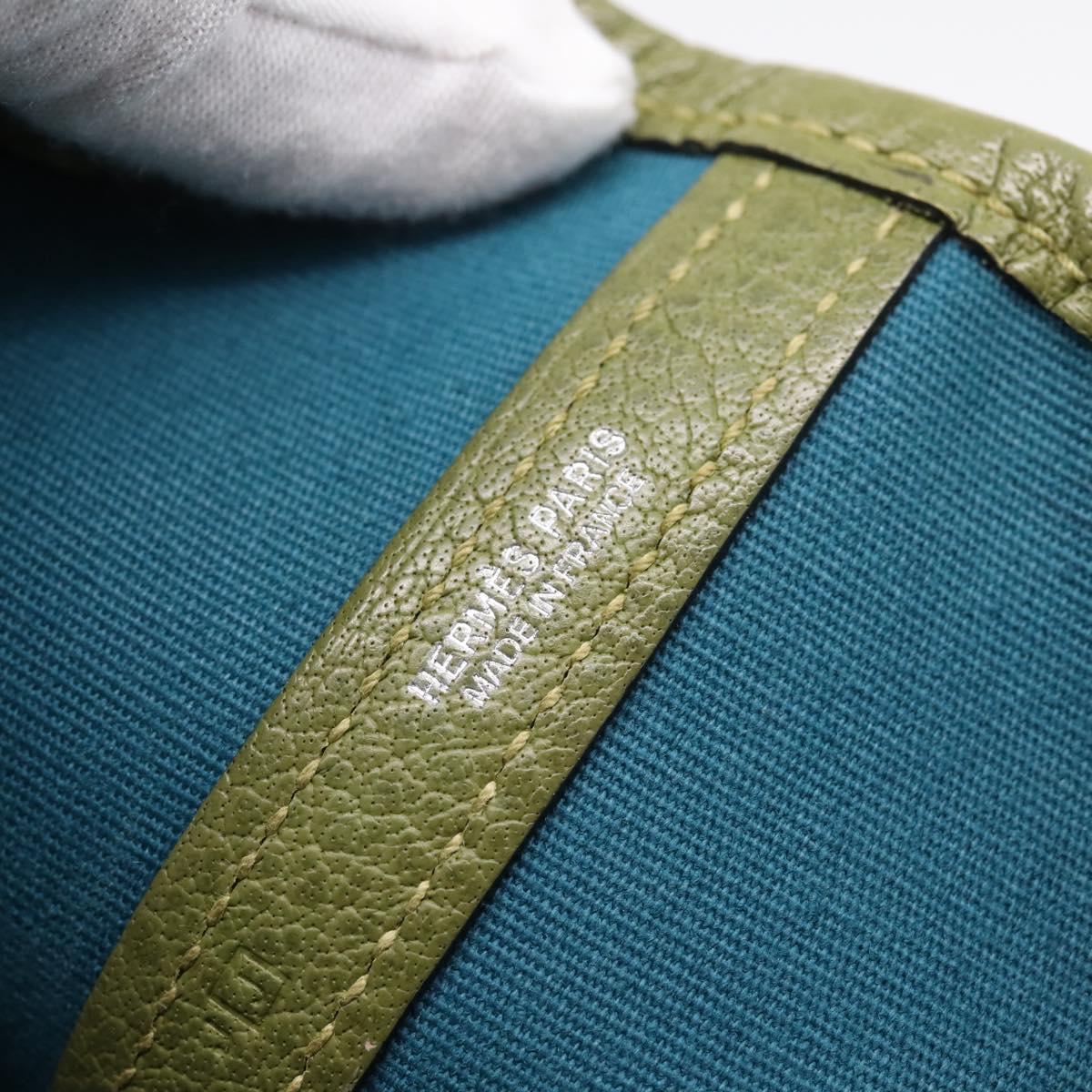 HERMES Garden Party PM Hand Bag Canvas Green Silver Auth ep16460A