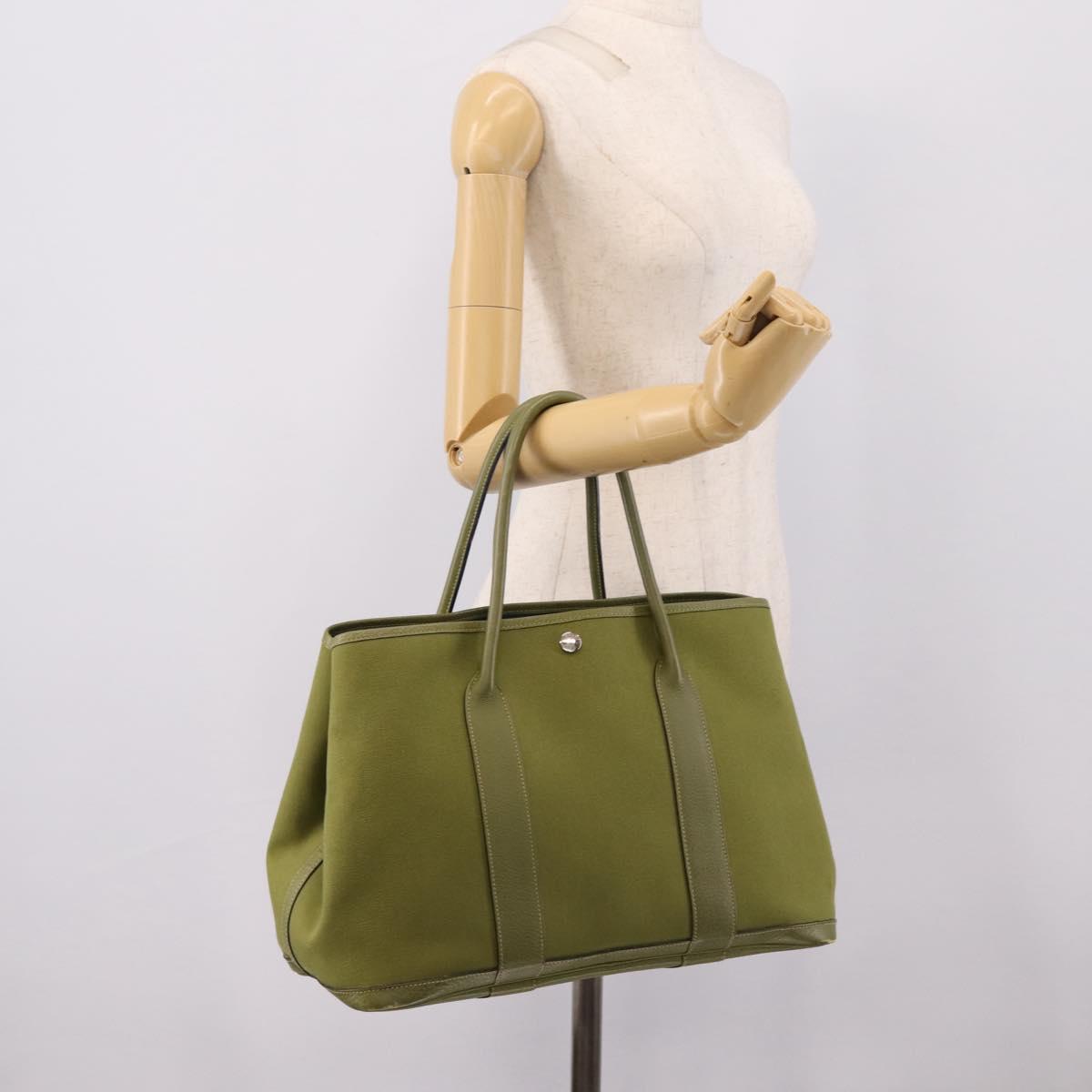 HERMES Garden Party PM Hand Bag Canvas Green Silver Auth ep16460A