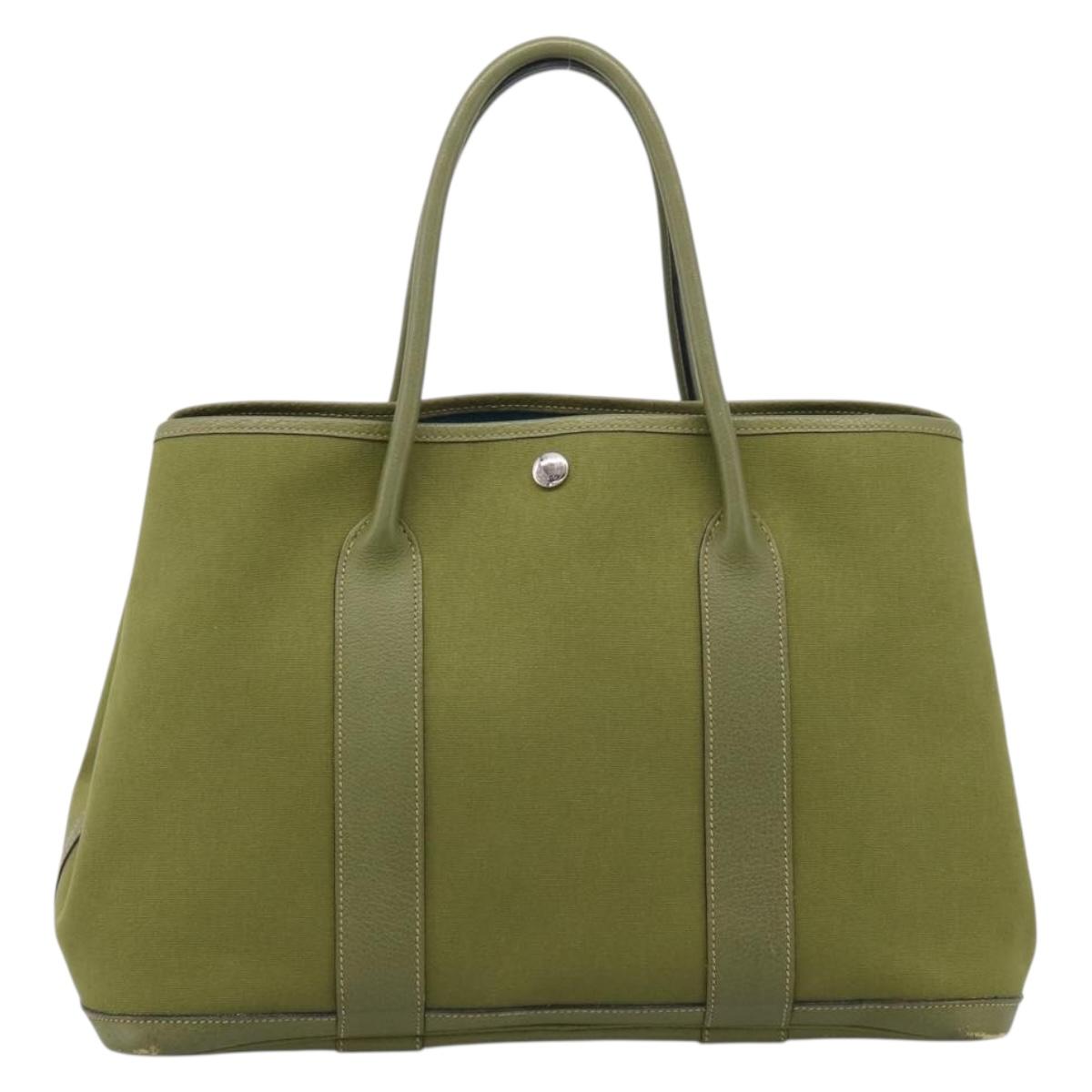 HERMES Garden Party PM Hand Bag Canvas Green Silver Auth ep16460A