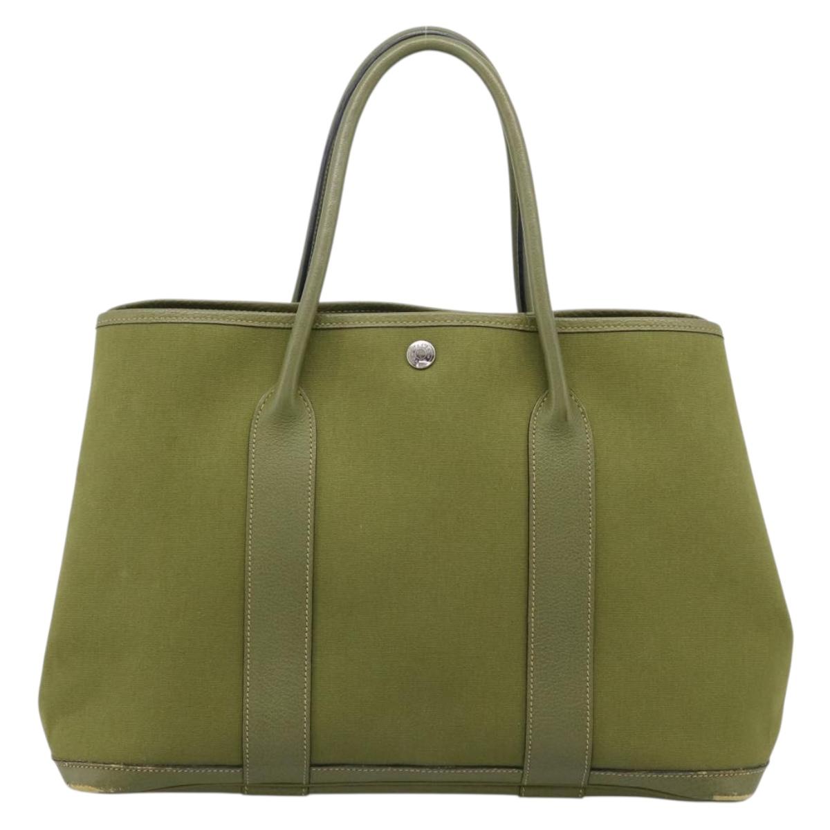 HERMES Garden Party PM Hand Bag Canvas Green Silver Auth ep16460A