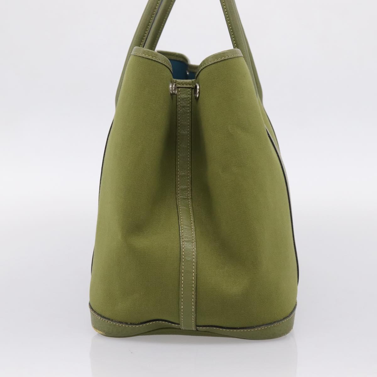 HERMES Garden Party PM Hand Bag Canvas Green Silver Auth ep16460A