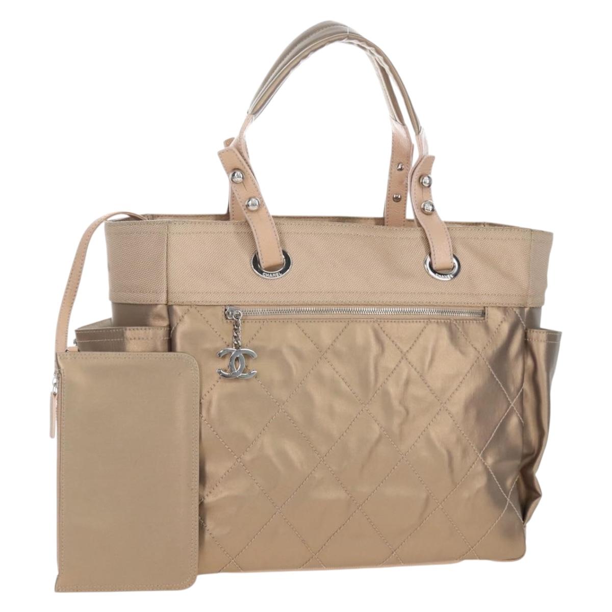 CHANEL Paris Biarritz Tote Bag Coated Canvas Gold Silver CC Auth ep16512V