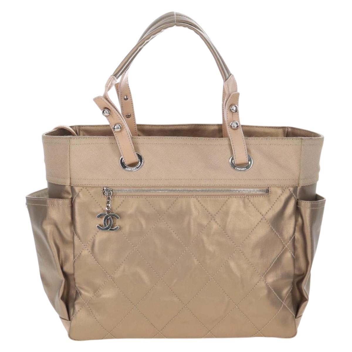 CHANEL Paris Biarritz Tote Bag Coated Canvas Gold Silver CC Auth ep16512V