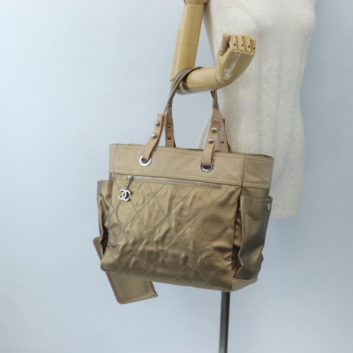 CHANEL Paris Biarritz Tote Bag Coated Canvas Gold Silver CC Auth ep16512V