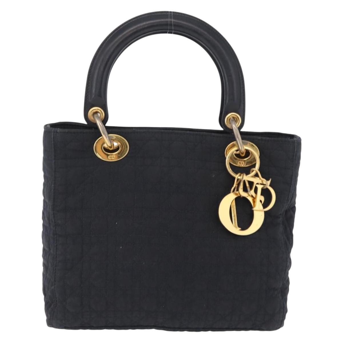 Christian Dior Lady Dior Canage Hand Bag Canvas Black Gold Auth ep16514