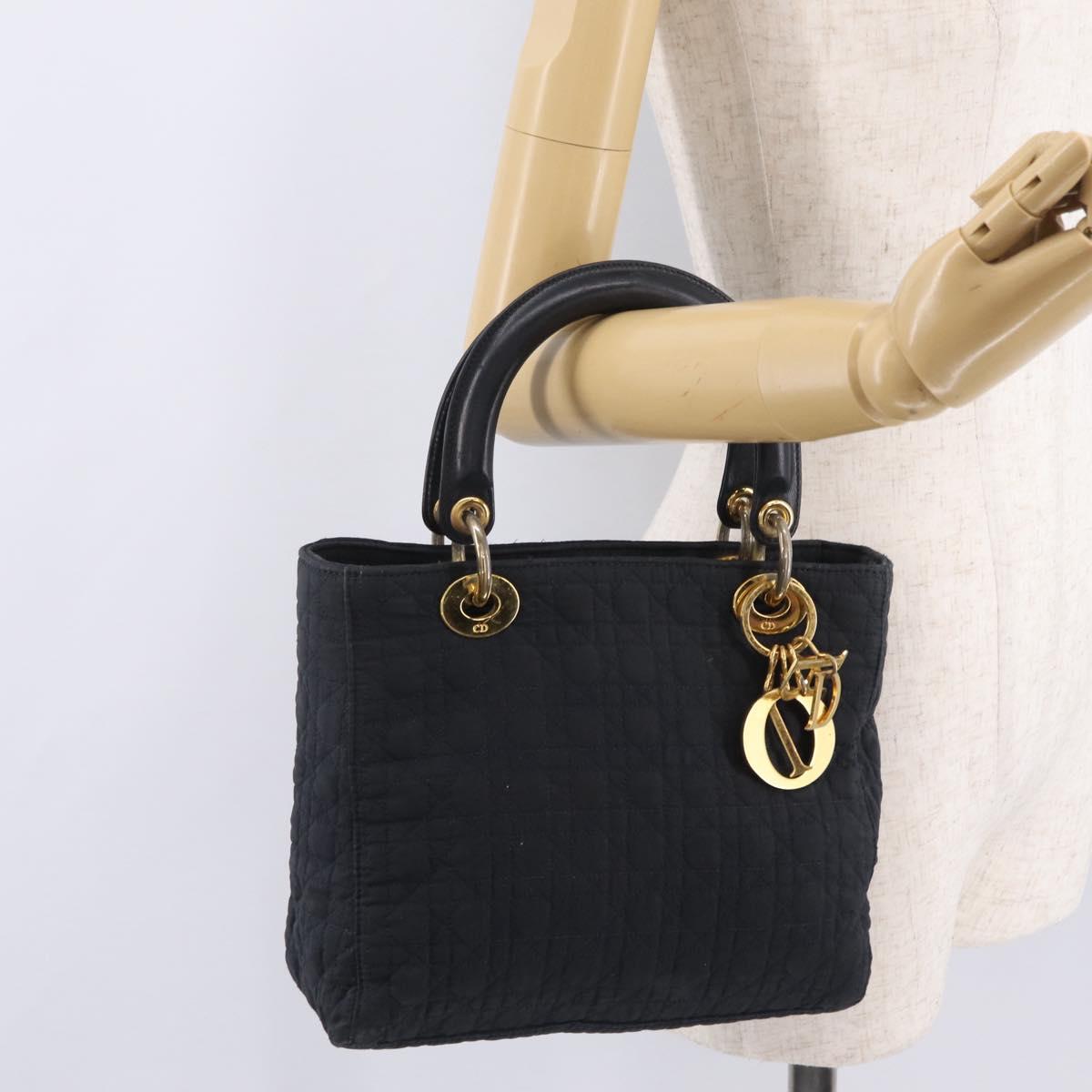 Christian Dior Lady Dior Canage Hand Bag Canvas Black Gold Auth ep16514