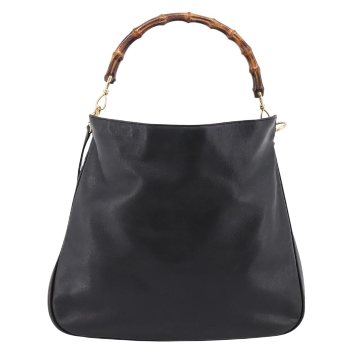 GUCCI Bamboo Hand Bag Leather 2way Black Gold 001 1014 1577 Auth ep16545