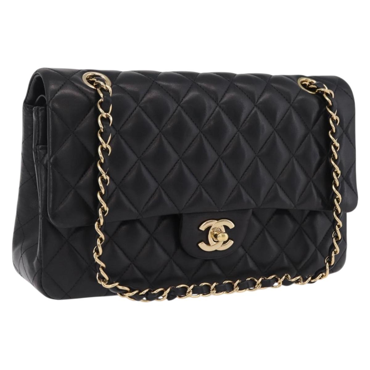 CHANEL Matelasse 25 Double Flap Chain Bag Lamb Skin Black CC Auth ep16553SAM