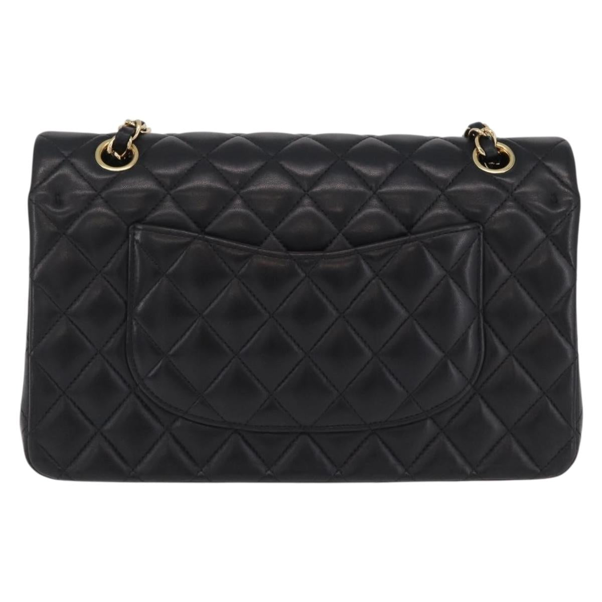 CHANEL Matelasse 25 Double Flap Chain Bag Lamb Skin Black CC Auth ep16553SAM