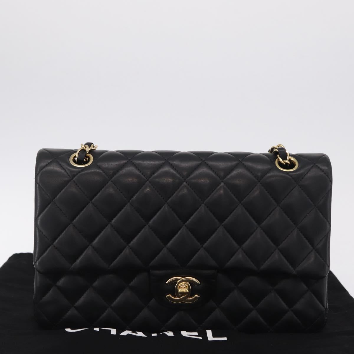 CHANEL Matelasse 25 Double Flap Chain Bag Lamb Skin Black CC Auth ep16553SAM