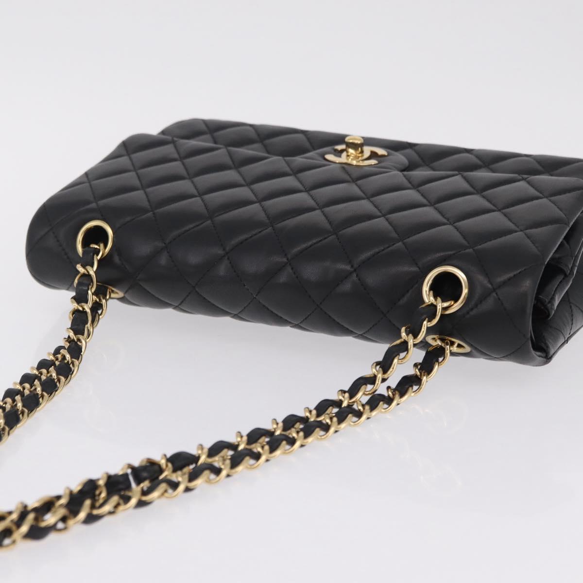 CHANEL Matelasse 25 Double Flap Chain Bag Lamb Skin Black CC Auth ep16553SAM