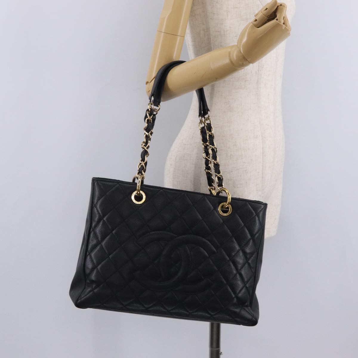 CHANEL GST Matelasse Chain Tote Bag Caviar Skin Black Gold Tone CC Auth ep16556M