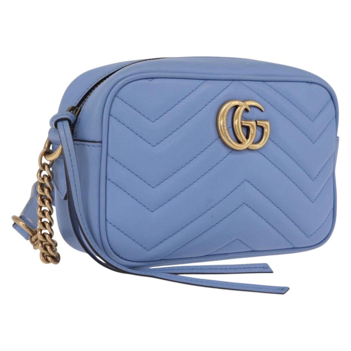 GUCCI GG Marmont Chain Shoulder Bag Leather Light Blue Gold 448065 Auth ep16588V