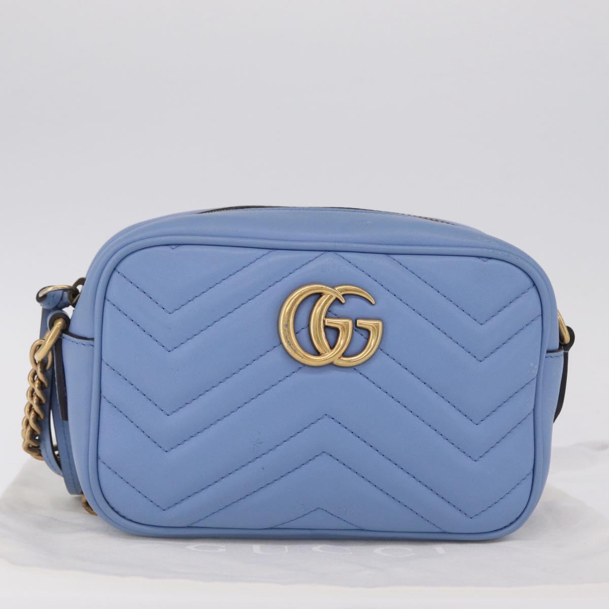 GUCCI GG Marmont Chain Shoulder Bag Leather Light Blue Gold 448065 Auth ep16588V