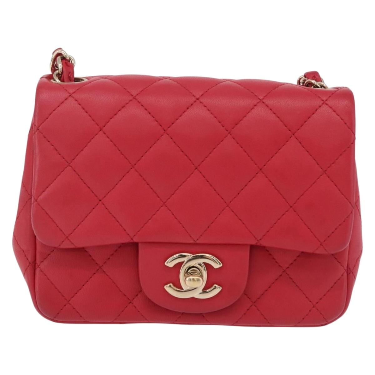 CHANEL Mini Matelasse 17 Chain Shoulder Bag Lamb Skin Red Gold Auth ep16596SAM