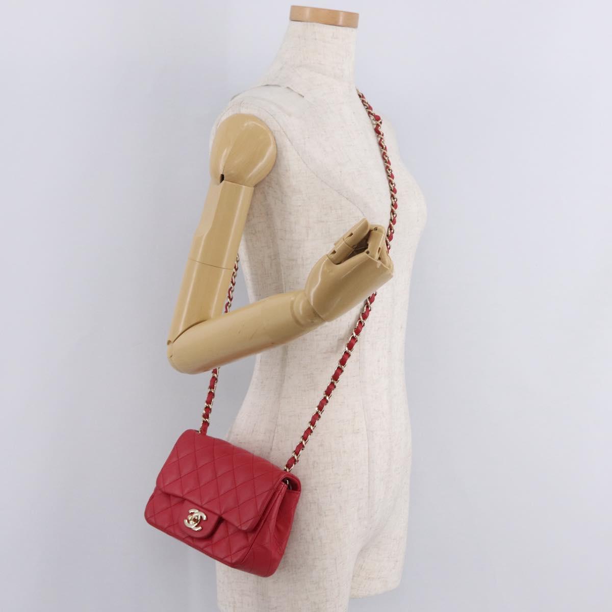 CHANEL Mini Matelasse 17 Chain Shoulder Bag Lamb Skin Red Gold Auth ep16596SAM