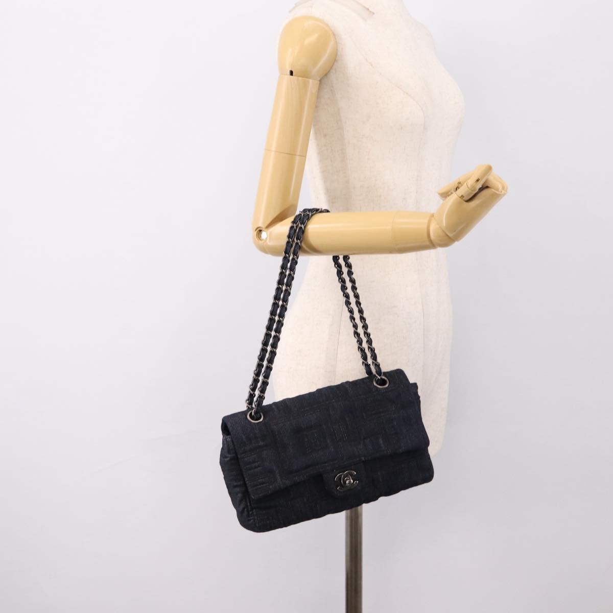 CHANEL Embroidery Chain Shoulder Bag Denim Blue A91102 CC Auth ep16598SM