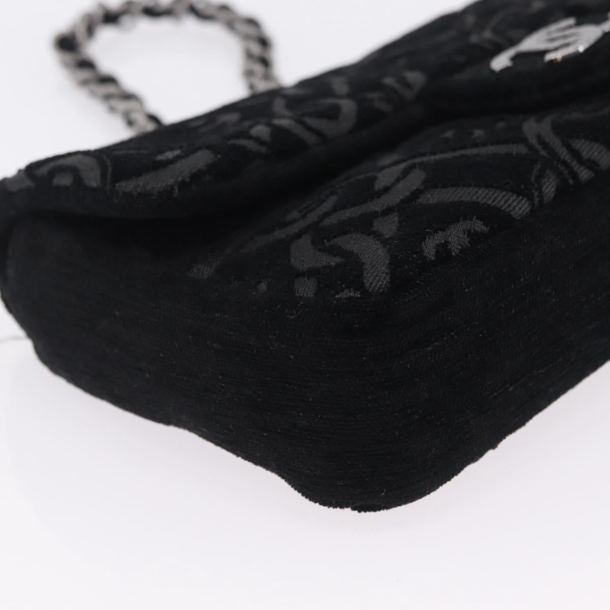 CHANEL Jacquard Chain Shoulder Bag Cotton Black Silver CC Auth ep16600SM