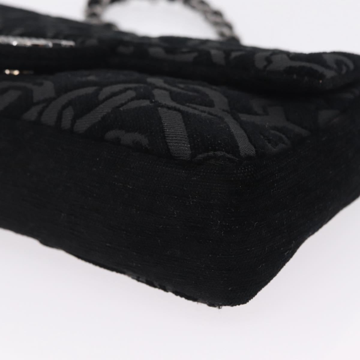 CHANEL Jacquard Chain Shoulder Bag Cotton Black Silver CC Auth ep16600SM