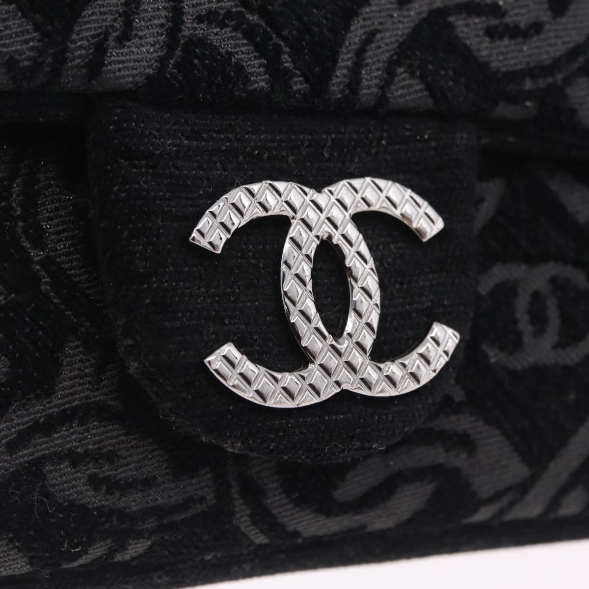 CHANEL Jacquard Chain Shoulder Bag Cotton Black Silver CC Auth ep16600SM