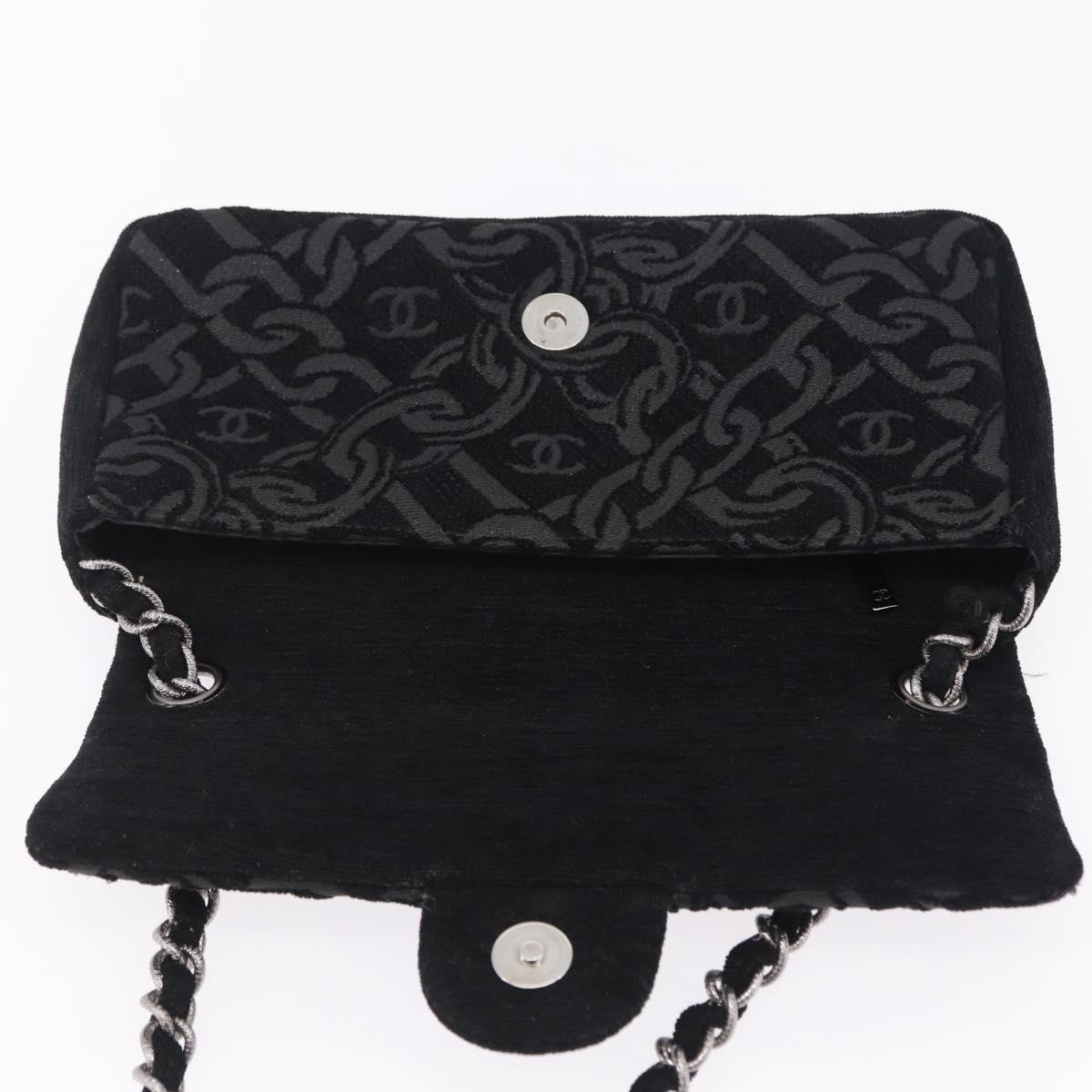 CHANEL Jacquard Chain Shoulder Bag Cotton Black Silver CC Auth ep16600SM