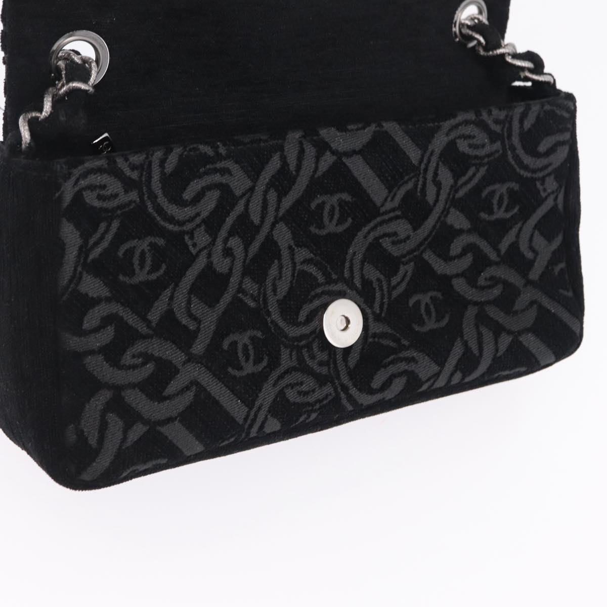 CHANEL Jacquard Chain Shoulder Bag Cotton Black Silver CC Auth ep16600SM