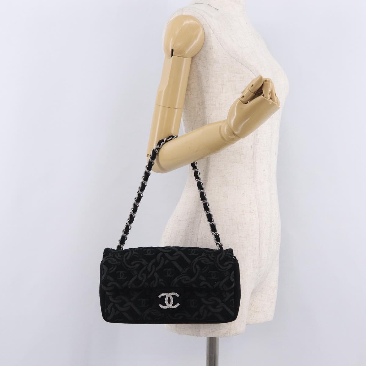 CHANEL Jacquard Chain Shoulder Bag Cotton Black Silver CC Auth ep16600SM
