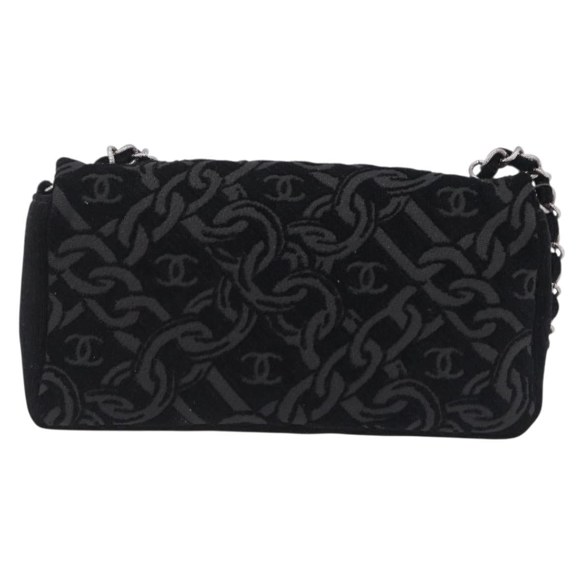 CHANEL Jacquard Chain Shoulder Bag Cotton Black Silver CC Auth ep16600SM