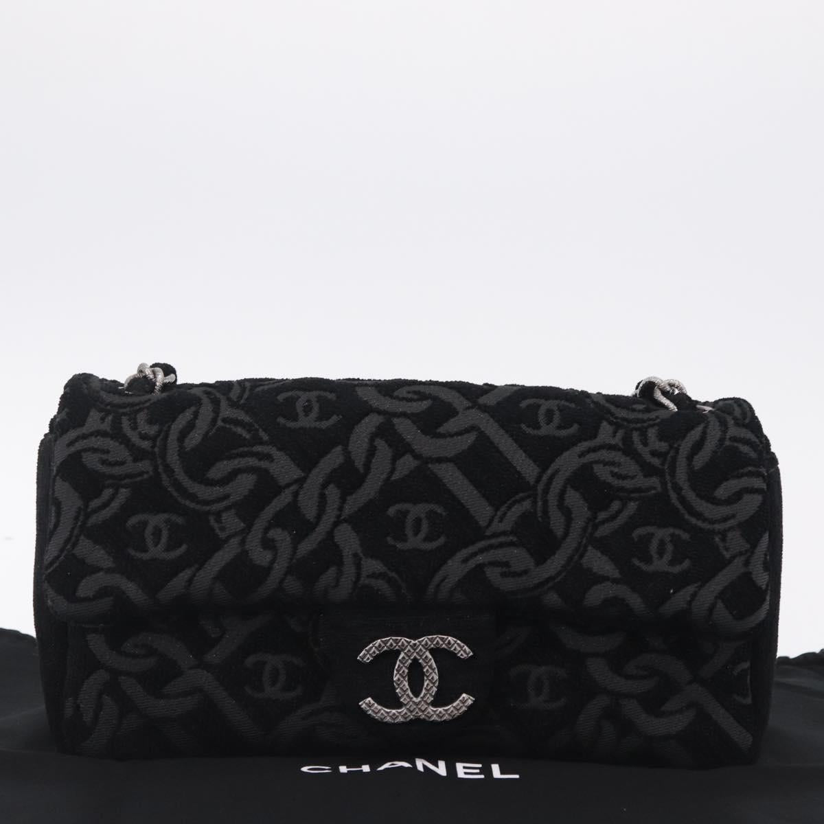 CHANEL Jacquard Chain Shoulder Bag Cotton Black Silver CC Auth ep16600SM