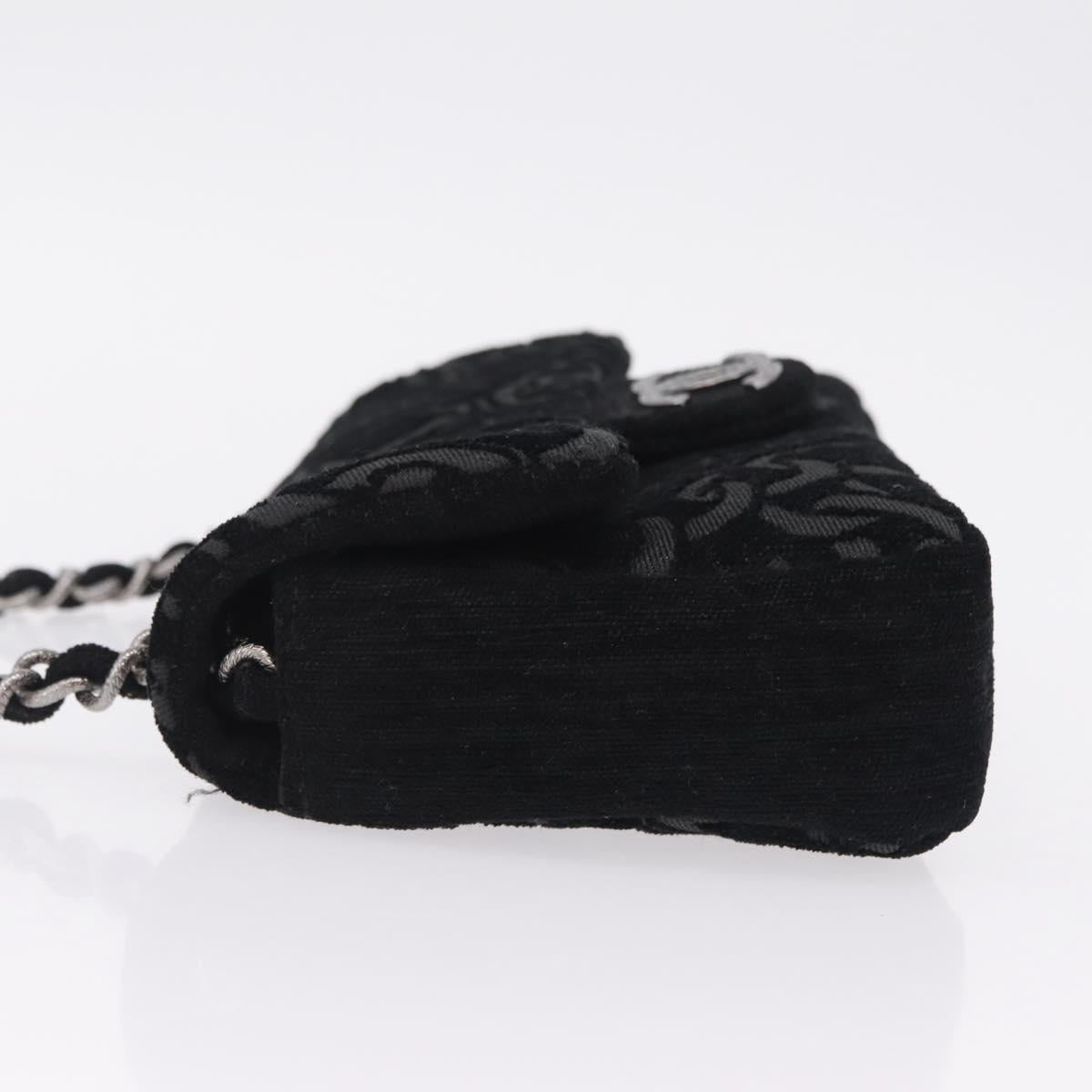 CHANEL Jacquard Chain Shoulder Bag Cotton Black Silver CC Auth ep16600SM