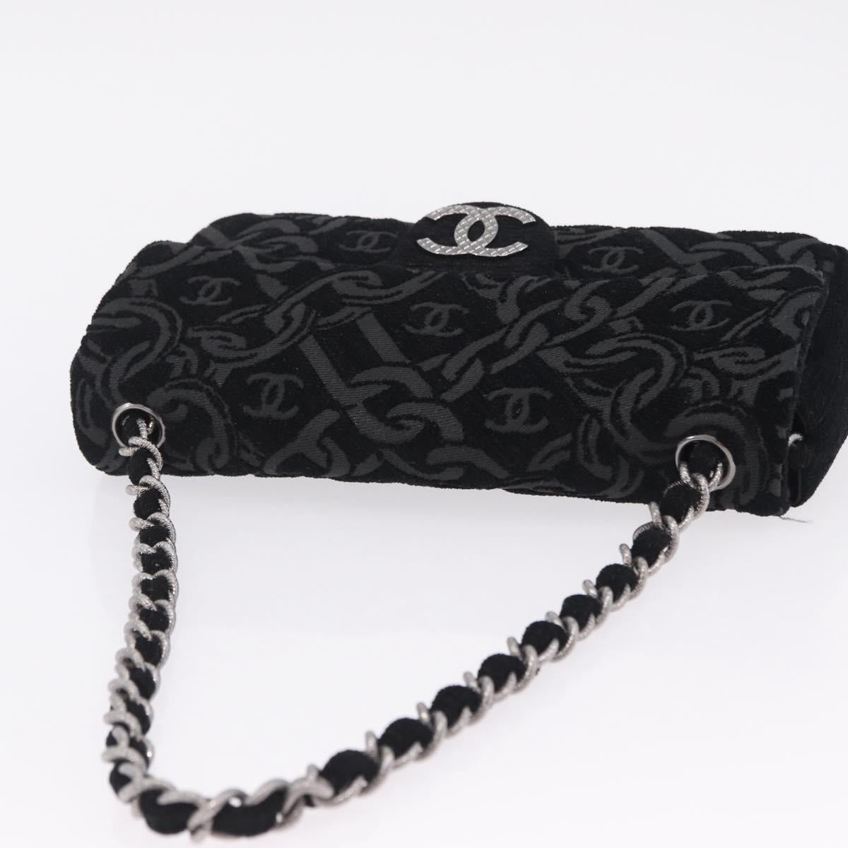 CHANEL Jacquard Chain Shoulder Bag Cotton Black Silver CC Auth ep16600SM