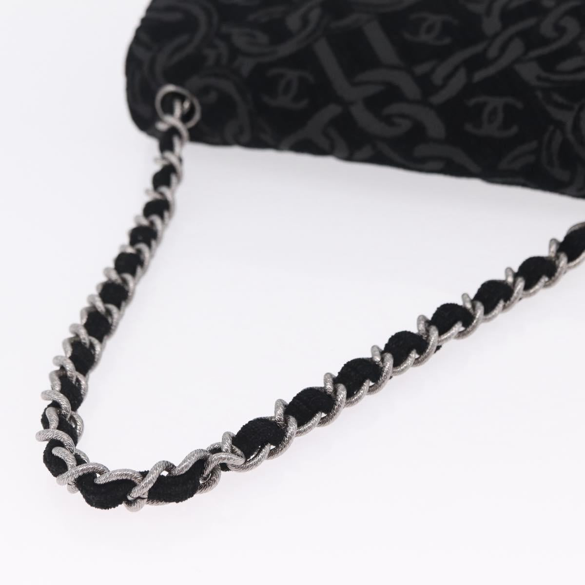 CHANEL Jacquard Chain Shoulder Bag Cotton Black Silver CC Auth ep16600SM