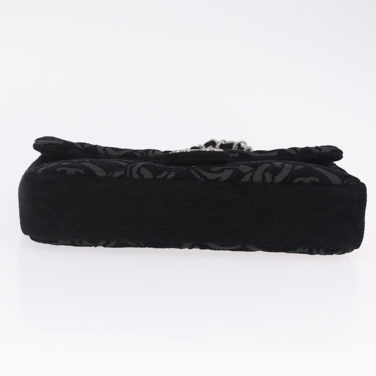 CHANEL Jacquard Chain Shoulder Bag Cotton Black Silver CC Auth ep16600SM