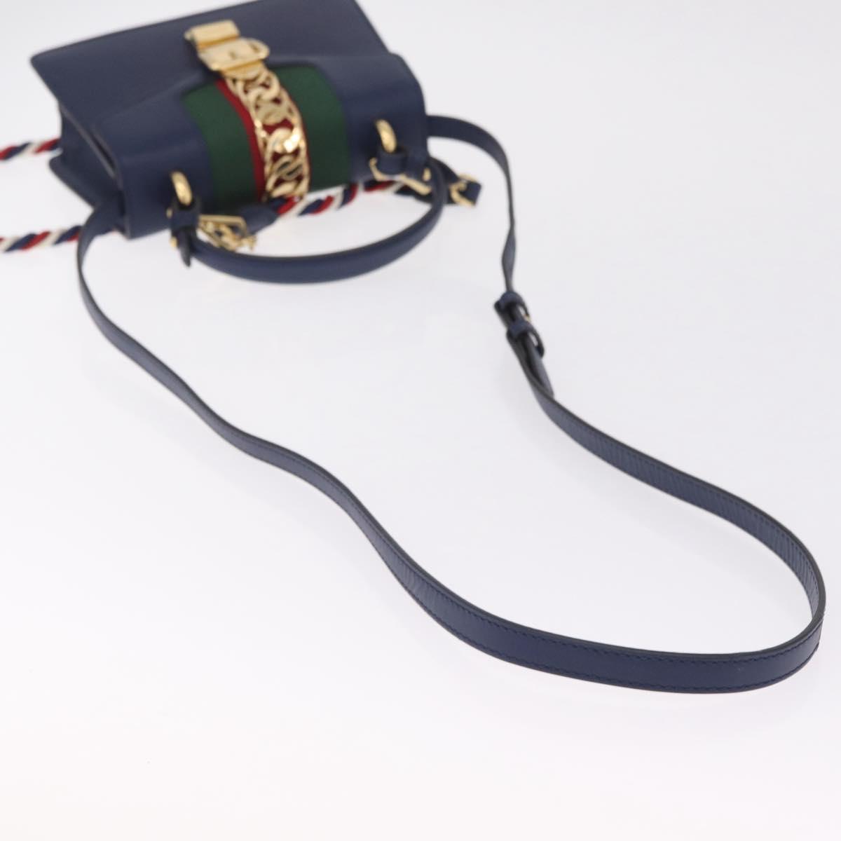 GUCCI Web Sherry Line Silvi Hand Bag Leather 2way Navy Gold 470270 Auth ep16603V