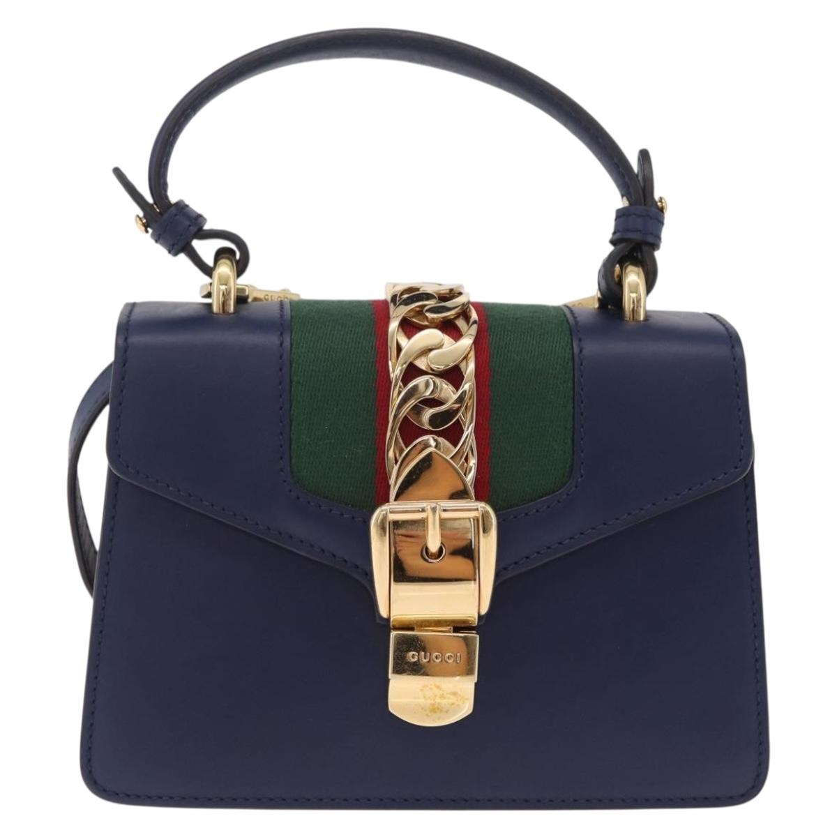 GUCCI Web Sherry Line Silvi Hand Bag Leather 2way Navy Gold 470270 Auth ep16603V