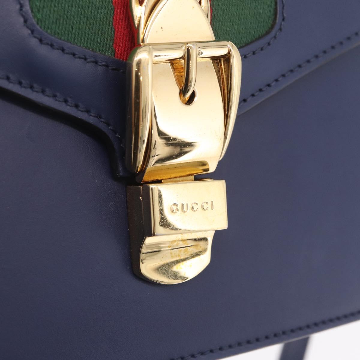 GUCCI Web Sherry Line Silvi Hand Bag Leather 2way Navy Gold 470270 Auth ep16603V